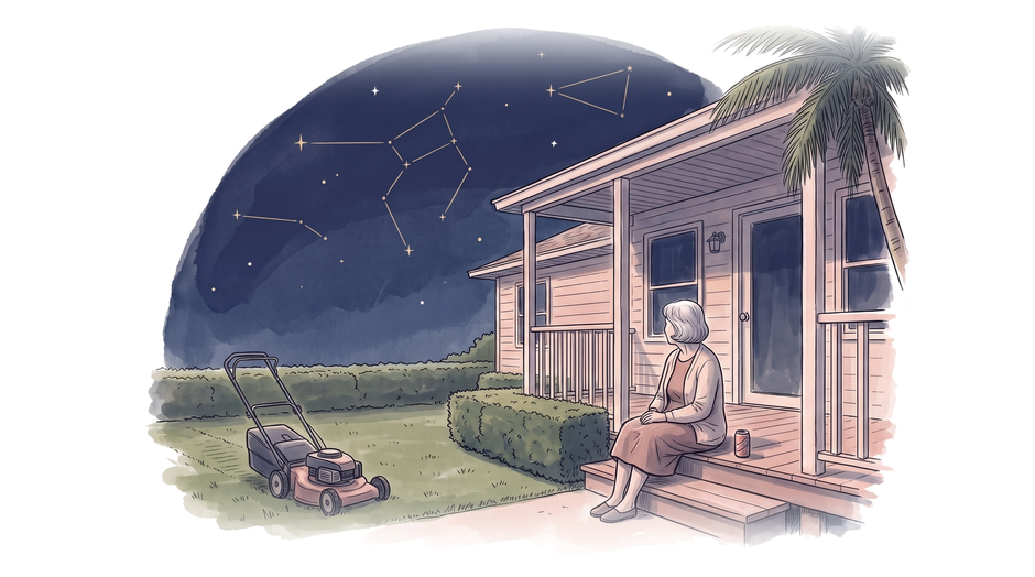 Ink illustration with navy and rose washes: an older woman seen from behind sits on the front porch of a small one-story Florida house at dusk, a can of soda beside her, a push mower parked on a freshly cut lawn with trimmed hedges. The dusk sky is one flat navy field with thin gold lines joining a few stars.