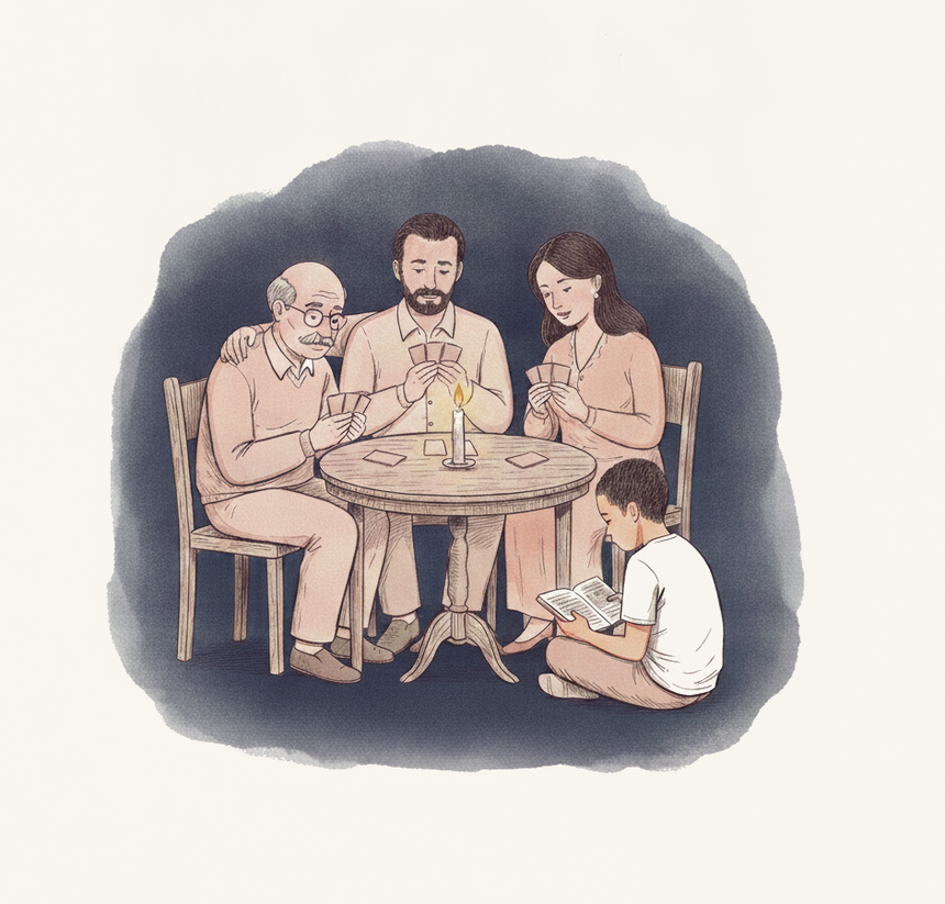 Ink illustration: three generations play cards by one gold candle during a blackout; a boy reads at the edge of the light.
