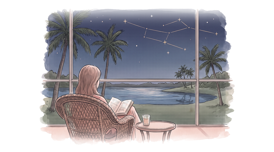 Ink illustration with rose and navy washes: a woman seen from behind sits in a wicker chair on a screened lanai at dusk, a paperback open in her lap and a glass on the table beside her. Beyond the screen, palms and a still lagoon under a navy sky where gold lines join a handful of stars.