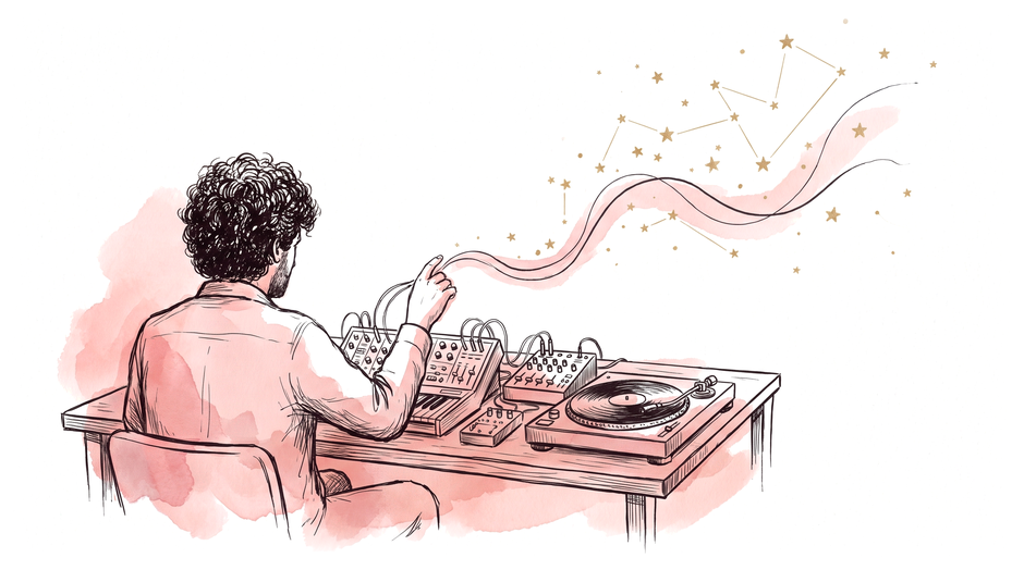 Ink illustration with soft rose washes: a man with curly hair seen from behind at a table of analog music machines, one hand shaping a sound wave that rises off the equipment and scatters into a loose gold constellation above him.
