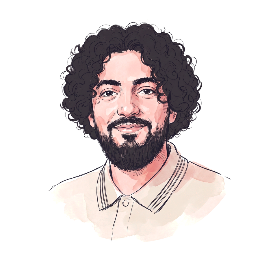Ray Martinez, drawn in soft ink with rose watercolor washes — voluminous dark curls, a full beard, a warm slight smile, a knit polo with a striped collar — the washes feathering to white paper at every edge.