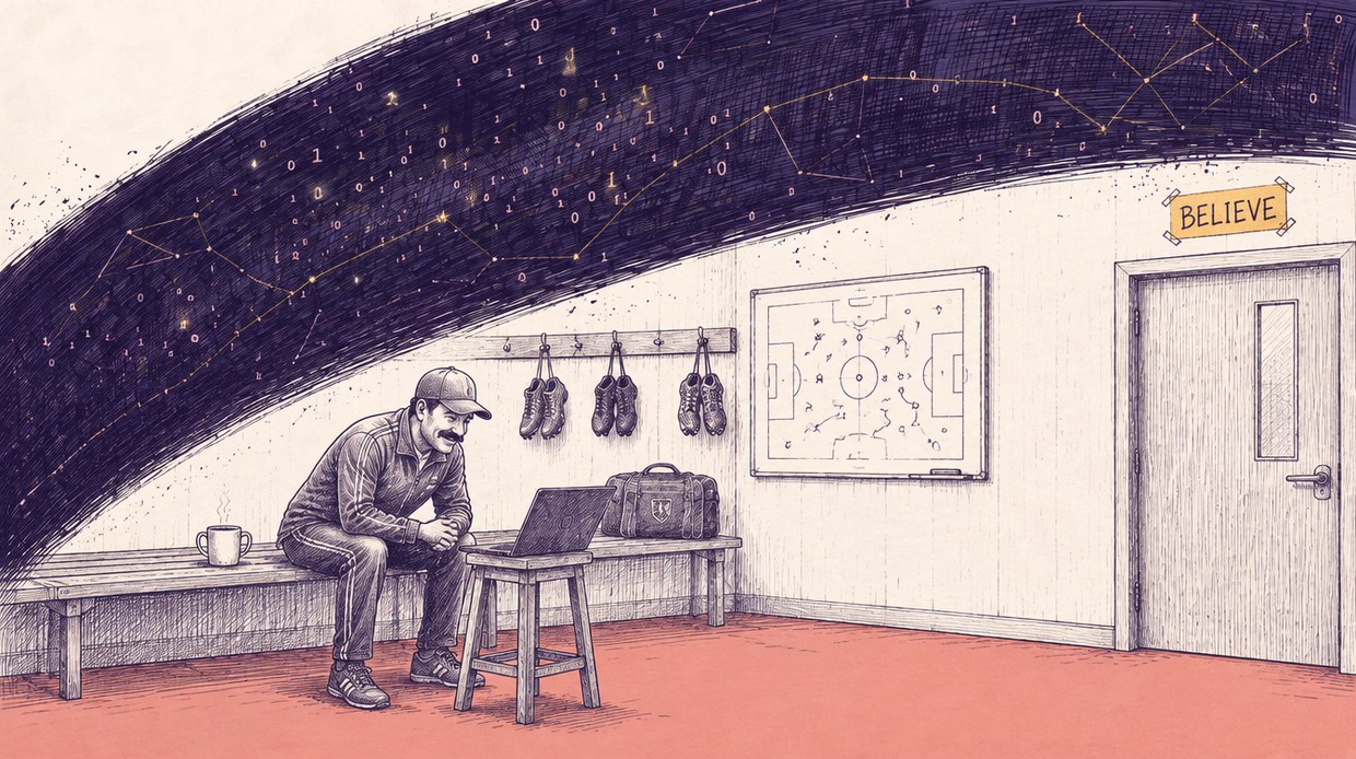Ink illustration: a football coach in a tracksuit and cap sits on a boot-room bench leaning toward a laptop, a mug of tea beside him, boots on hooks, a tactics board, a yellow BELIEVE sign taped above the door, and a navy arc of binary and gold constellation lines sweeping overhead; pen-and-ink crosshatch on cream paper.