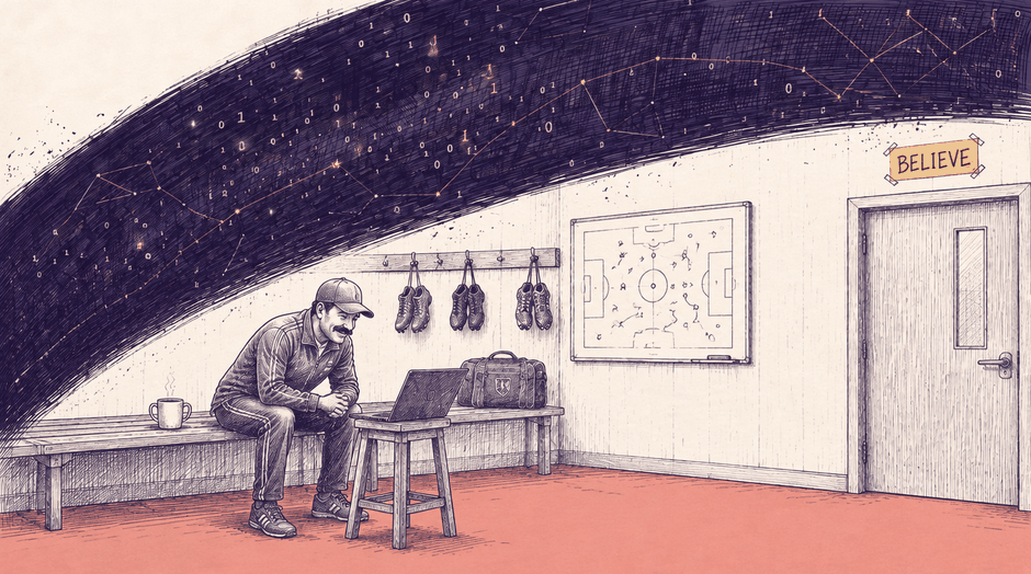 Ink illustration: a football coach in a tracksuit and cap sits on a boot-room bench leaning toward a laptop, a mug of tea beside him, a yellow BELIEVE sign taped above the door, and a navy arc of binary and gold constellation lines sweeping overhead.