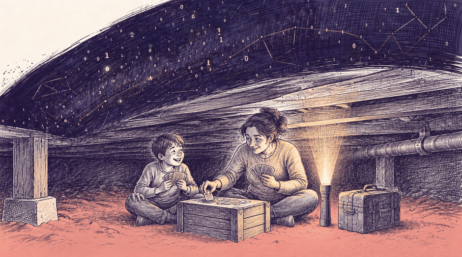 Ink illustration: a boy and his mother sit cross-legged in a crawlspace playing gin rummy on a wooden crate by flashlight, a packed suitcase beside them, while a navy storm of binary and gold constellation lines passes over the house.