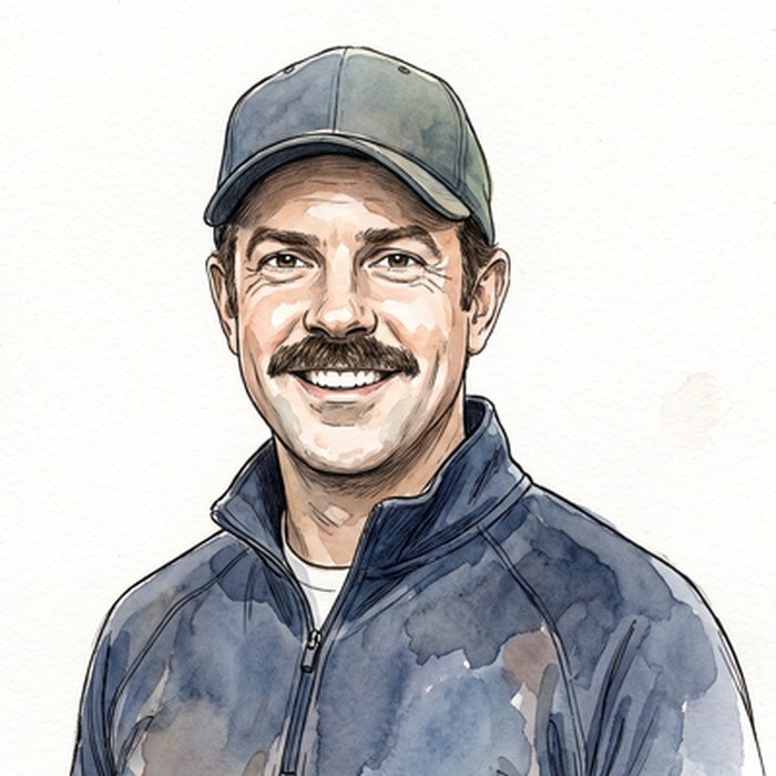Ink illustration: a football coach in a tracksuit and cap on a boot-room bench, leaning toward a laptop, a mug of tea beside him, a navy arc of gold constellation lines overhead