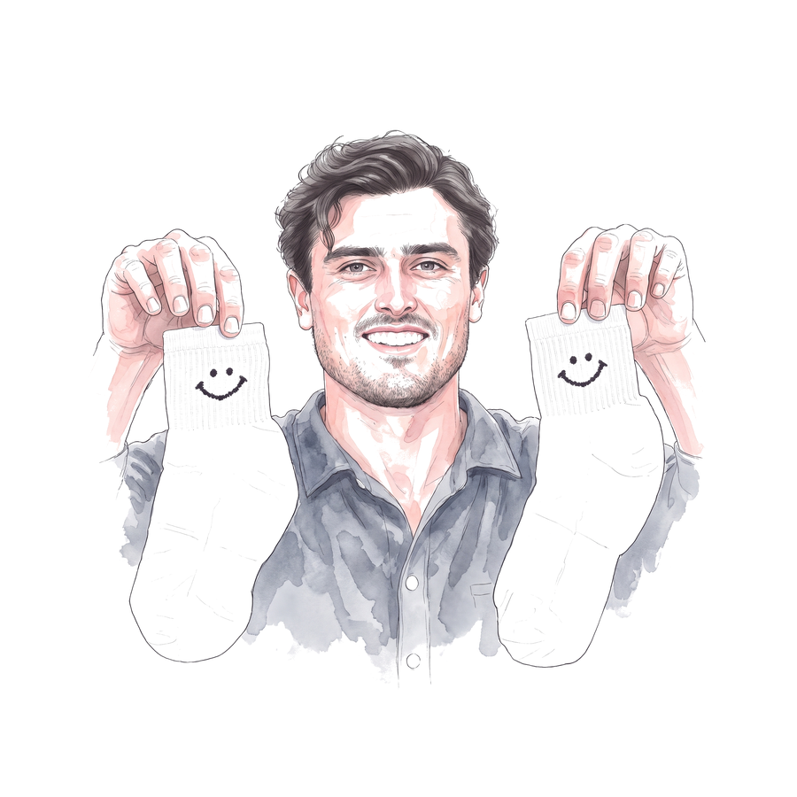 Zack Brust, drawn in soft ink with rose watercolor washes &mdash; thick dark hair, light stubble and a wide grin, holding up a white smiley-face sock in each hand beside his face &mdash; the washes feathering to white paper at every edge.