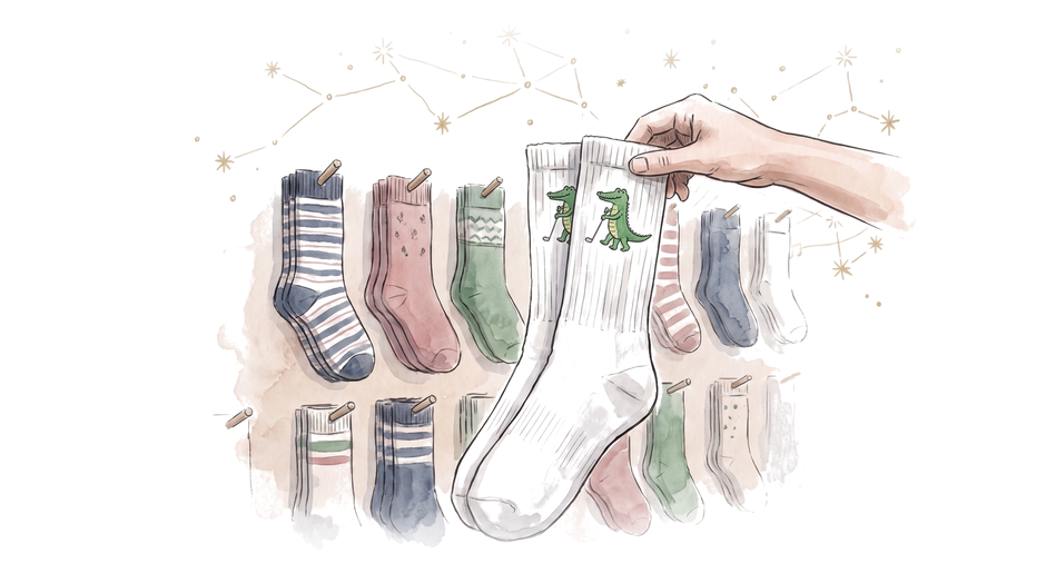 Ink illustration with soft rose, navy and green washes: a hand lifts a pair of white crew socks off a wall of patterned socks on wooden pegs; a small green alligator holding a golf club is stitched on each cuff; gold constellation lines above.