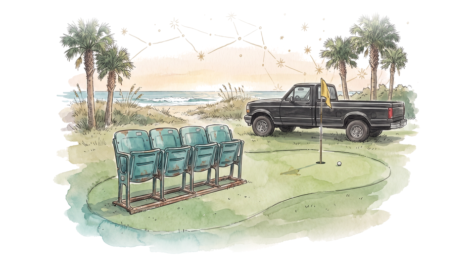 Ink illustration with teal, green and sand washes: a row of four old teal stadium seats on a putting green beside the ocean, a black early-1990s pickup truck parked behind, sabal palms and sea oats, a flag and a golf ball on the green, gold constellation lines in the sky.