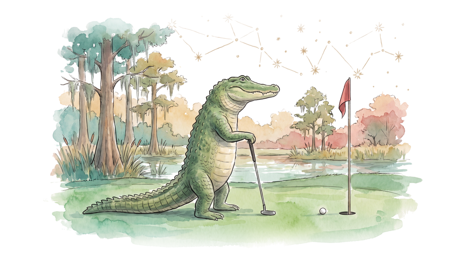 Ink illustration with soft green and rose washes: a three-legged alligator standing upright on a putting green, leaning on a putter with its one arm, a flag and a golf ball nearby, cypress trees hung with Spanish moss behind, gold constellation lines in the sky.