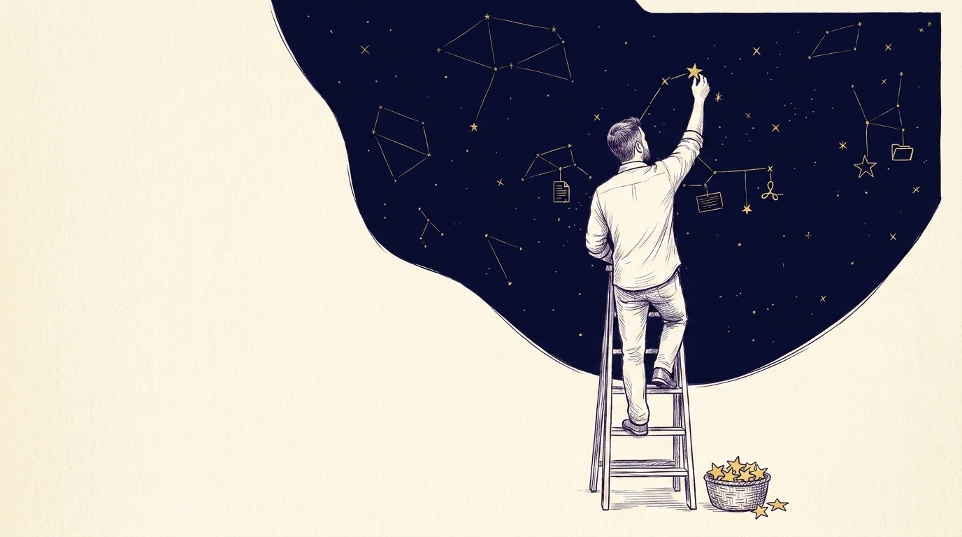 A man seen from behind on a wooden ladder, hanging a gold star into a half-finished constellation in one navy field, a basket of spare stars at the ladder's foot, pen-and-ink crosshatch on cream