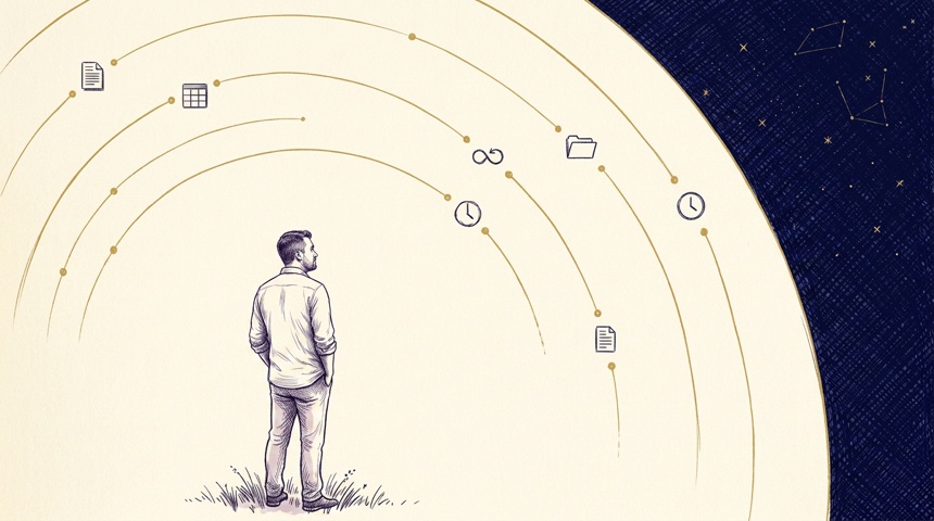 Ink illustration: a man seen from behind in an open cream meadow, hands in pockets, looking up at five concentric gold arcs carrying small glyphs — a file, an index, a loop, a folder, a clock — dissolving into one navy field of stars
