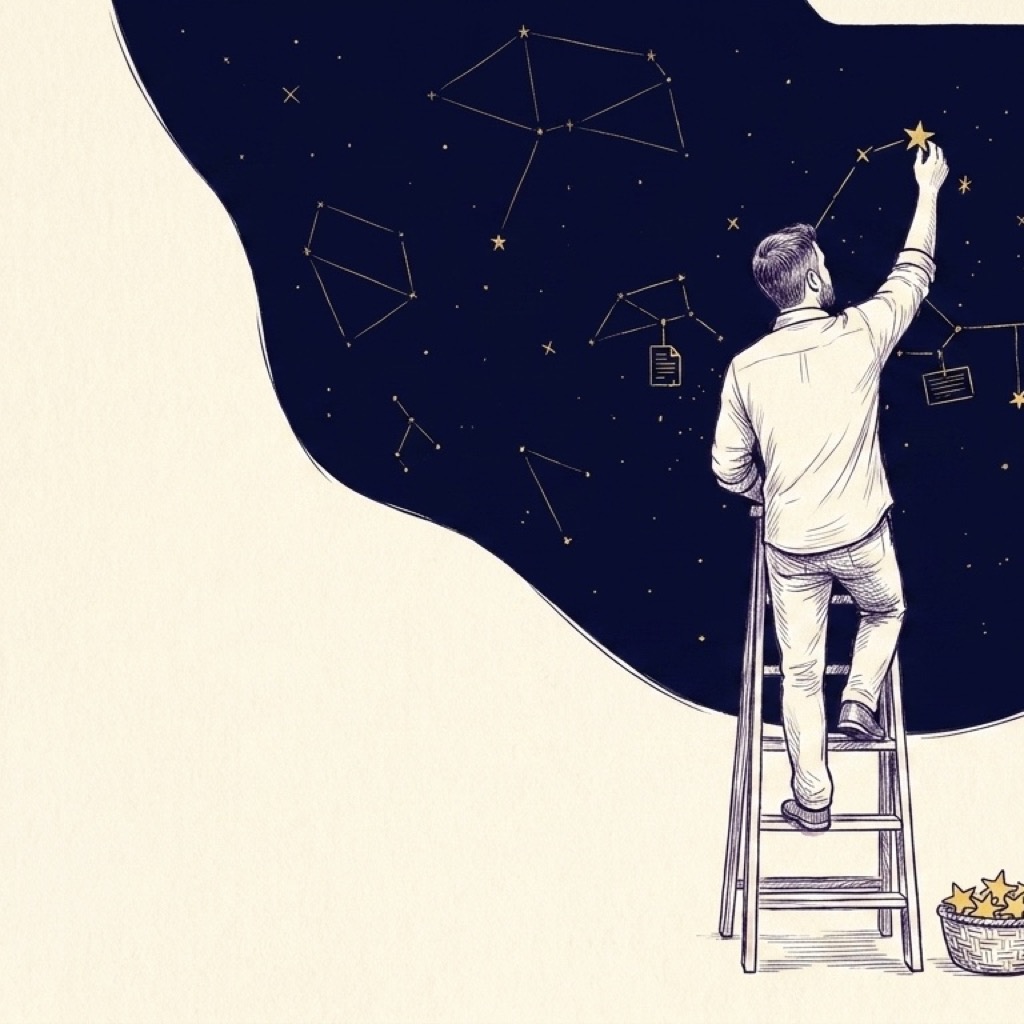 A man seen from behind on a wooden ladder, hanging a gold star into a half-finished constellation in one navy field, pen-and-ink crosshatch on cream