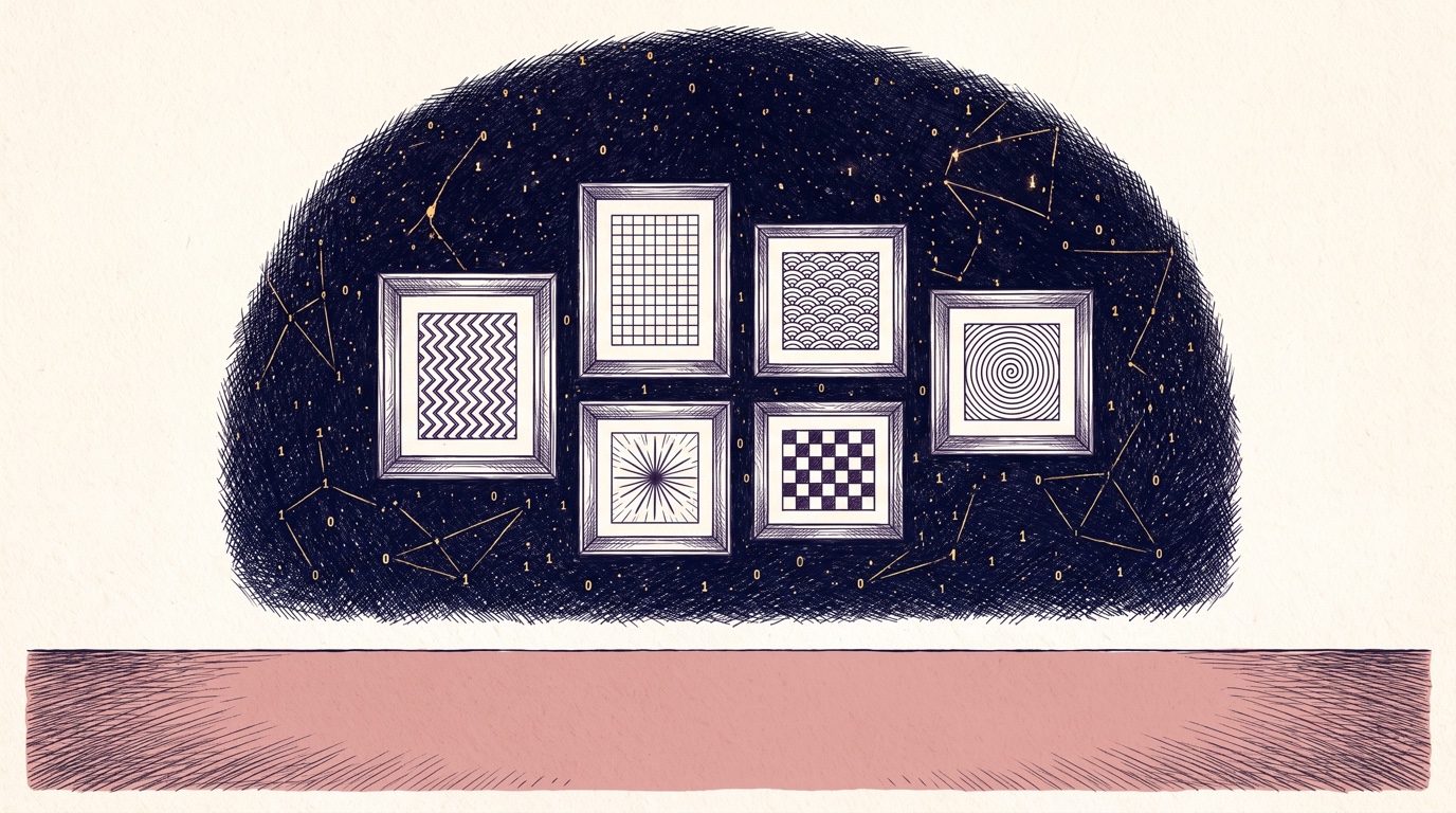 A gallery wall of small framed style plates — patterns, grids, waves — hanging above one solid navy field of tiny gold binary stars and thin constellation lines, on a flat clay-rose ground with warm cream paper all around; pen-and-ink crosshatch, no people.