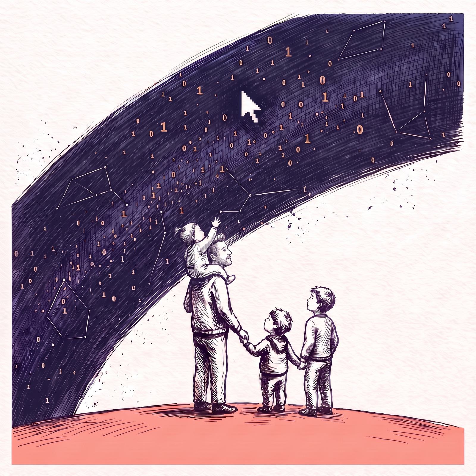 An etched ink drawing: a father with his baby daughter on his shoulders and his two sons holding hands beside him, all gazing up at a sweeping night sky whose stars are ones and zeros.