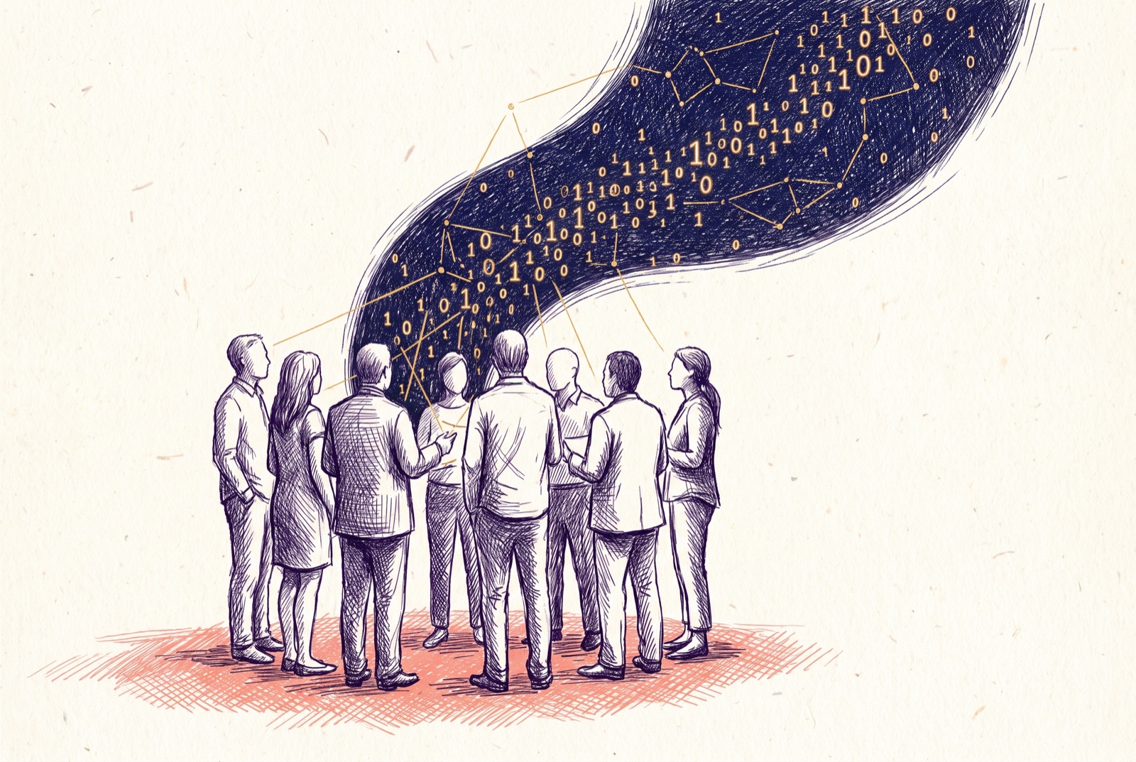 A team of people stands together seen from behind, gathered and looking up as a navy river of stars and glowing gold binary sweeps out of the group; fine gold constellation lines link the people to one another and rise into the sky, over a warm rose ground — pen-and-ink crosshatch.