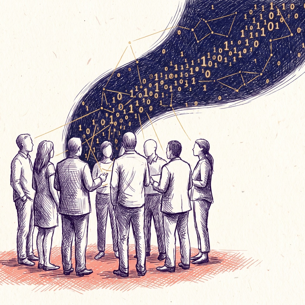 A team of people seen from behind as a navy river of stars and gold binary sweeps out of the group — pen-and-ink crosshatch