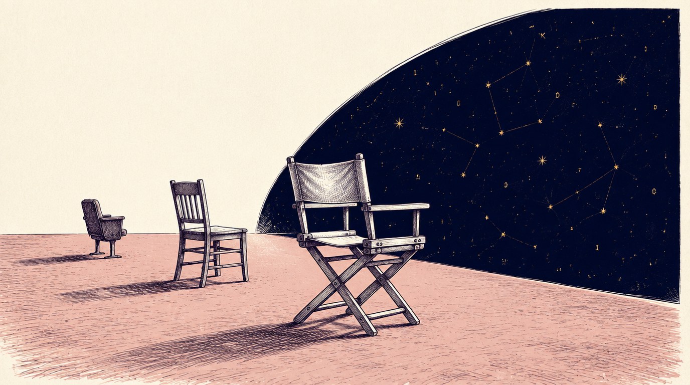Three empty chairs on a clay-rose floor face one deep-navy field of gold stars and constellation lines: a small theater seat far back, a plain wooden chair midway, and a canvas-backed director's chair standing large at the navy field's edge