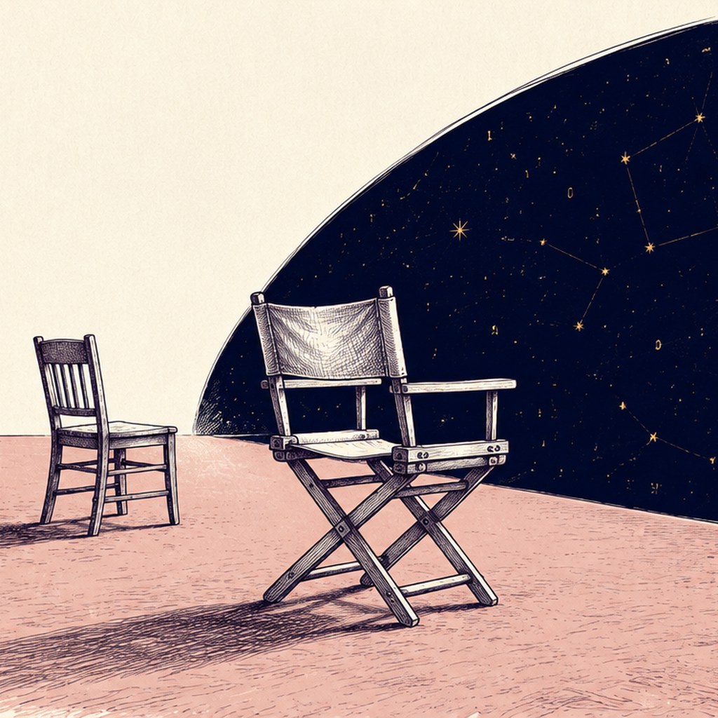 Three empty chairs facing one deep-navy field of gold stars and constellation lines: a theater seat far back, a plain wooden chair midway, and a director's chair large at the navy field's edge