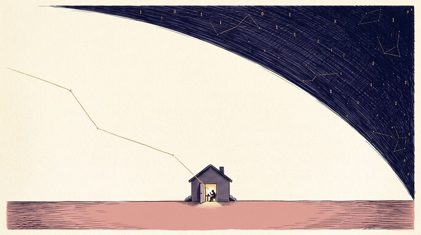 A stranger seen from behind at a kitchen table at night, one lamp on, a phone in their hands; a single fine gold constellation line comes down out of a deep-navy sky through the window and into the phone; pen-and-ink crosshatch on cream