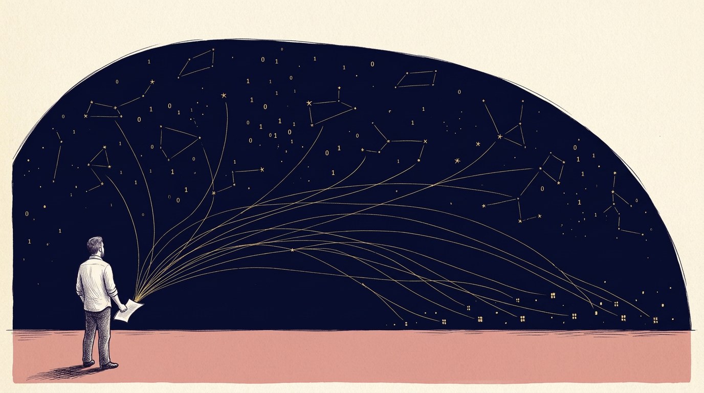 A man seen from behind at the left edge of the frame holds up a single written page; fine gold constellation lines fan out from the page across a deep-navy night field to dozens of small lit windows in distant houses, none of them connected back; pen-and-ink crosshatch on cream paper