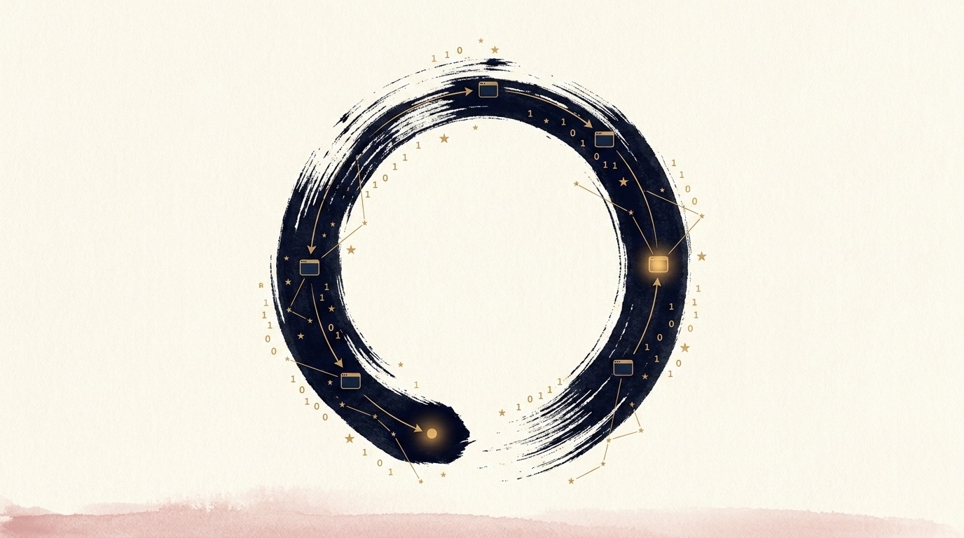 A single zen ensō — one sweeping navy brushstroke circle — fused with the digital: small terminal-window nodes ride the ink loop, wired with gold arrows and binary, a couple of them glowing gold, on cream paper