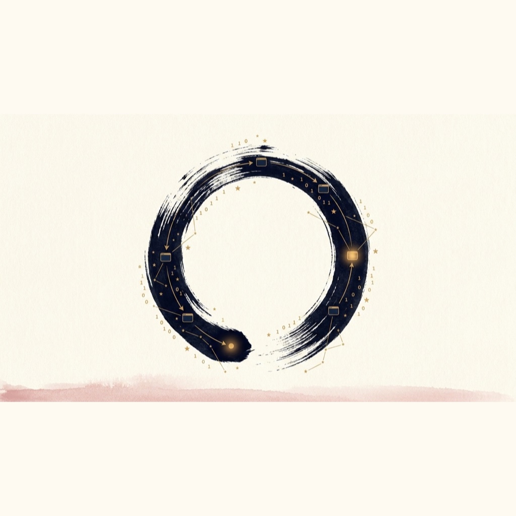 A single zen ensō brushstroke circle fused with the digital — terminal-window nodes riding the navy ink loop, wired with gold, on cream paper