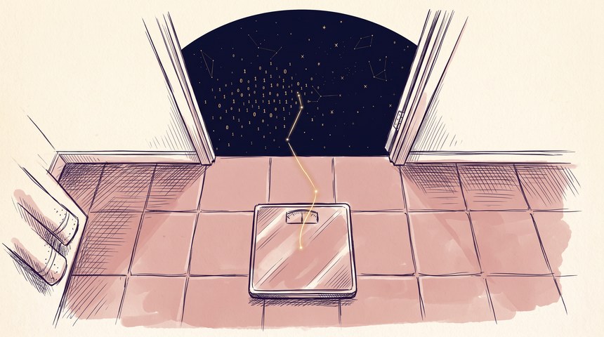 A bathroom scale on a tiled floor at night, seen from above, with a single thin gold constellation line rising from its glass face through an open doorway into a deep-navy field of tiny gold binary digits; pen-and-ink crosshatch on cream