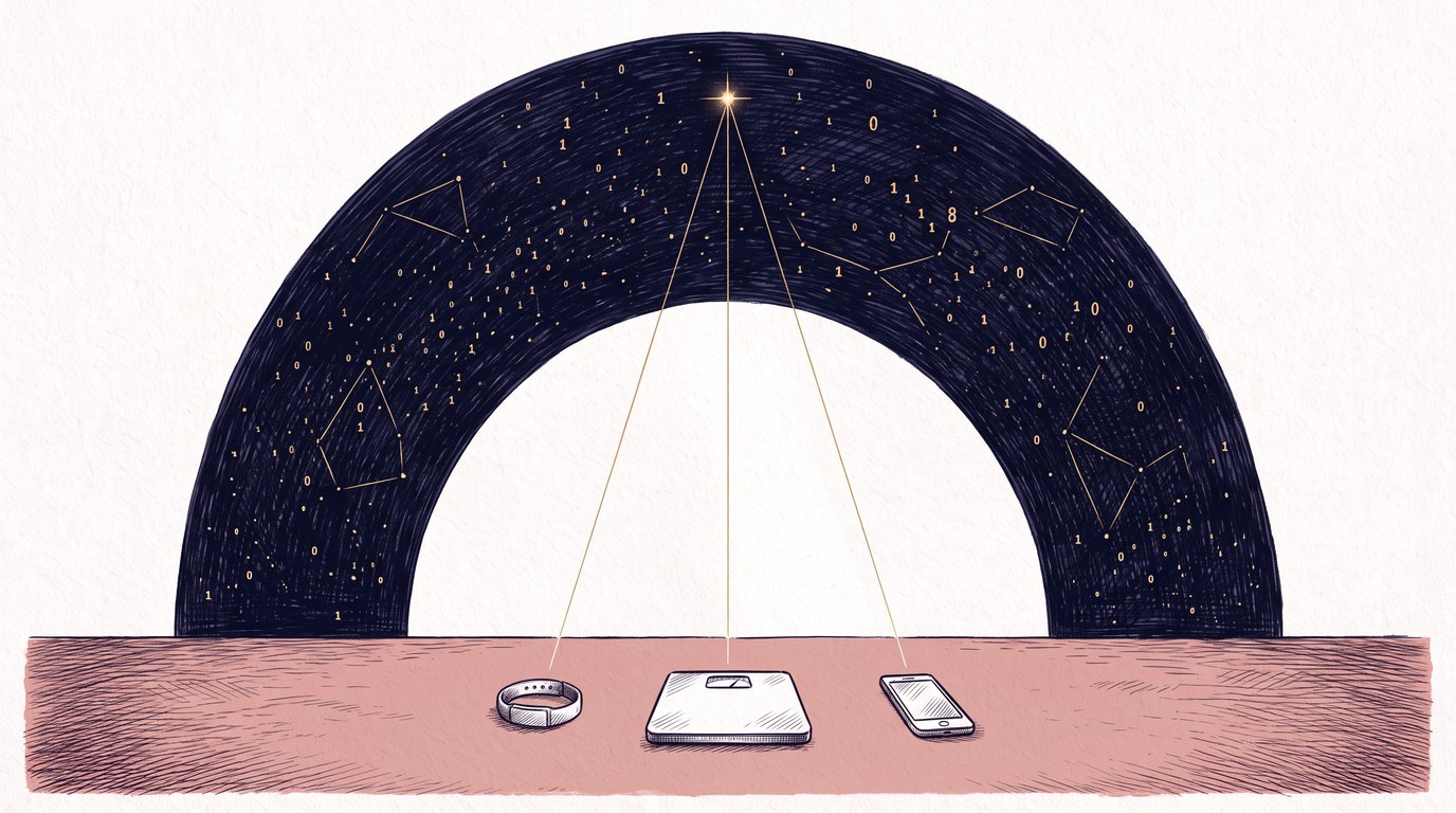 A wristband, a bathroom scale, and a small phone laid on a wooden table, each sending one thin gold constellation line up into ONE deep-navy arch of night sky where the three lines meet at a single bright gold star; pen-and-ink crosshatch on cream paper