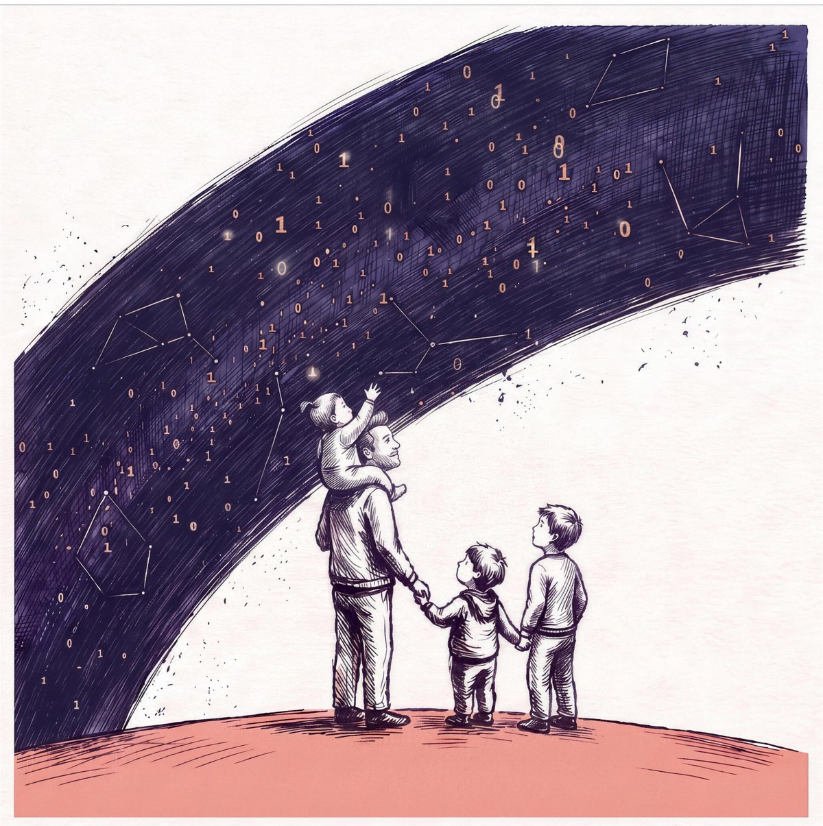 An ink drawing: a father stands on a rose-colored rise with his three children — a daughter on his shoulders reaching up, two sons holding hands in a chain — looking up at a great navy arc of binary stars, a pixel cursor drifting among them.
