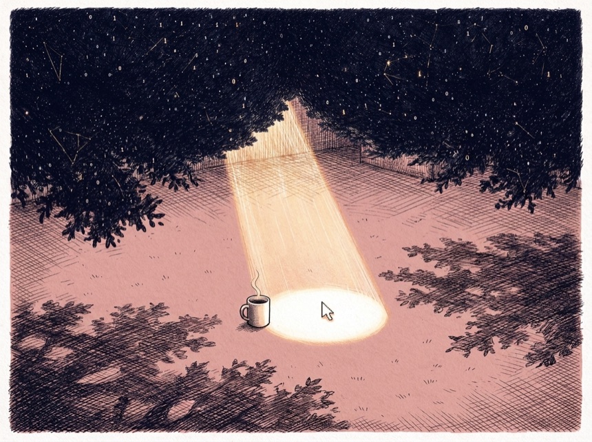 A shaft of sunlight breaks through the dark oak canopy and lands on one bright patch of lawn; a coffee mug and a pixel cursor mark the spot