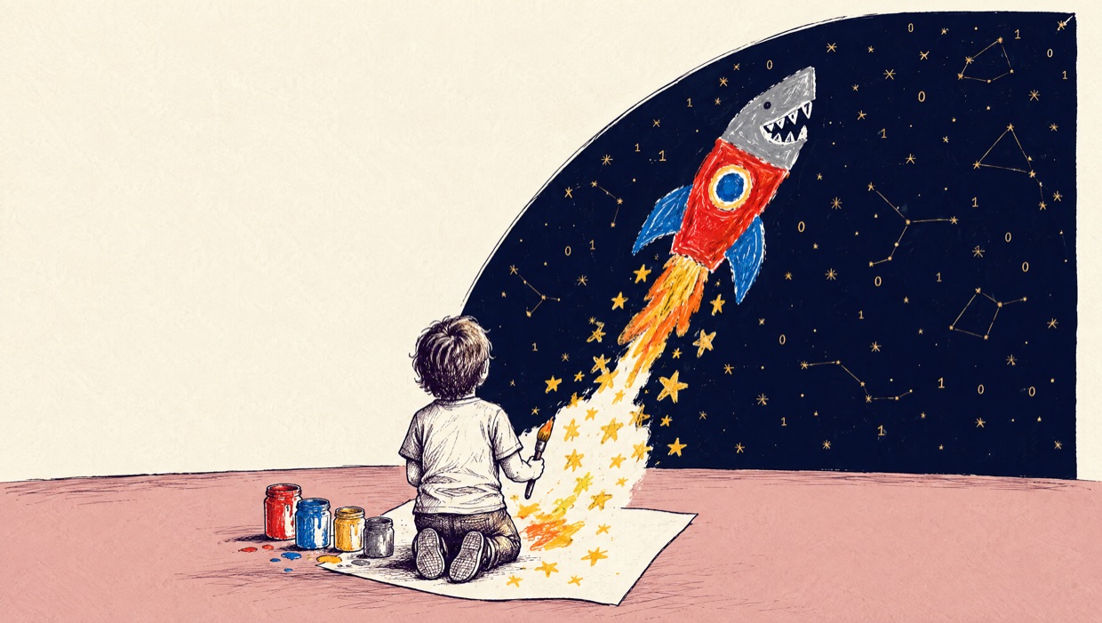 Ink illustration: a child seen from behind, drawing a rocket with a shark for a nose that launches into a navy loop of gold stars