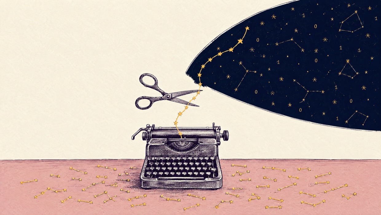 Ink illustration: a typewriter typing a line of gold stars, and a pair of scissors cutting it off