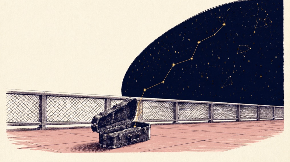 Ink illustration: an open saxophone case alone on a bridge walkway at night, a gold constellation line rising out of it into the navy sky
