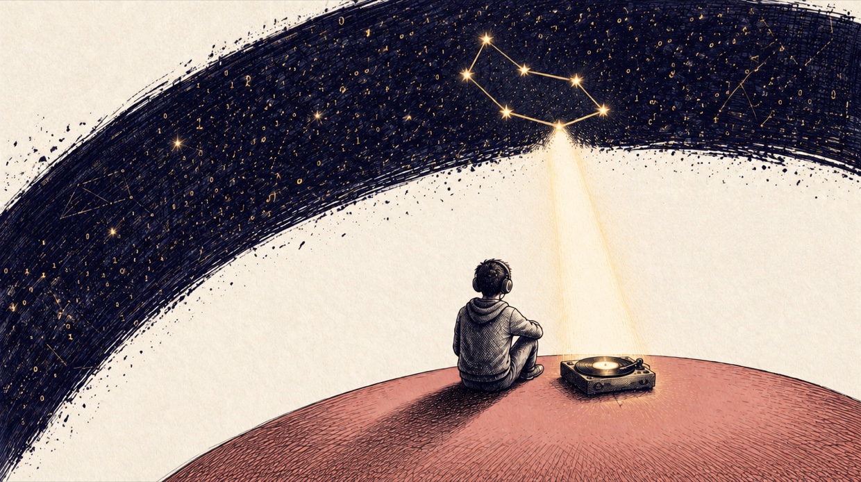 Ink illustration: a teenager with headphones sits on a clay-rose hill beside a portable turntable, a navy loop of binary and constellations sweeping overhead, a shaft of gold light falling on the record