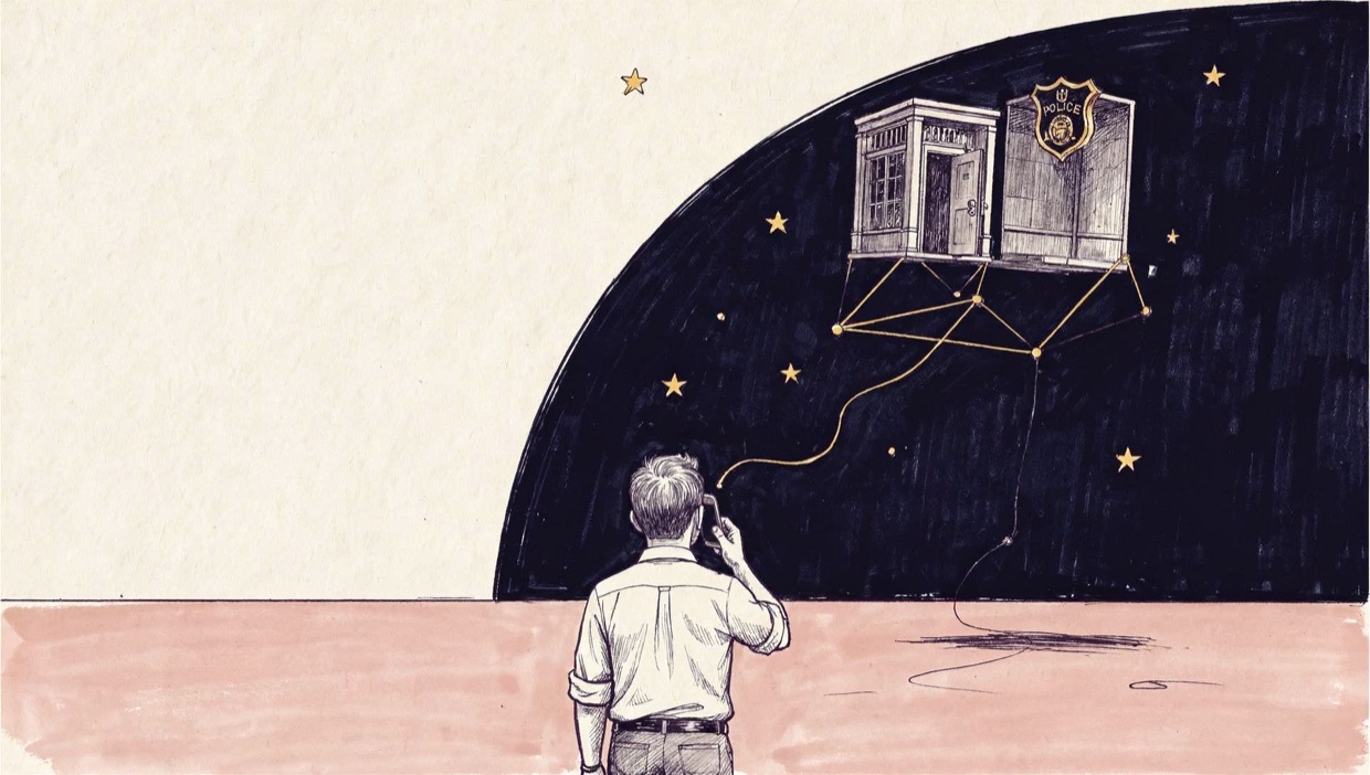 Ink illustration: a man seen from behind with a phone to his ear, looking up at a police station hanging in a navy sky like a stage set, held up by gold constellation lines