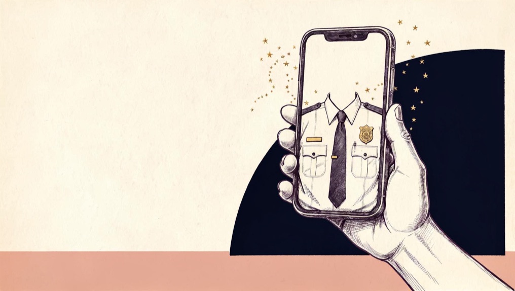 Ink illustration: a hand holds a phone; on the screen, a crisp police uniform with a gold badge and no one inside it