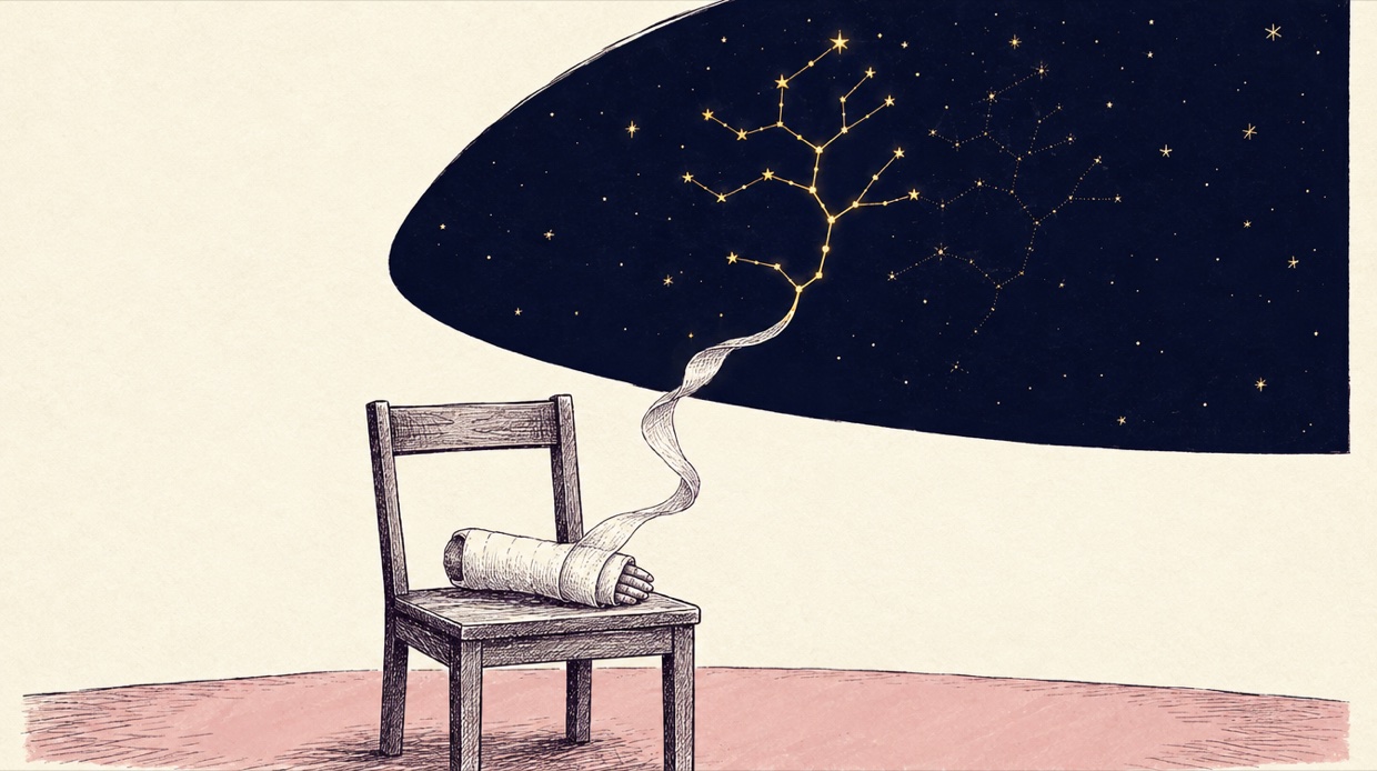 Ink illustration: a half-wrapped plaster cast whose loose gauze unspools into gold constellation lines that redraw a family tree across a navy night
