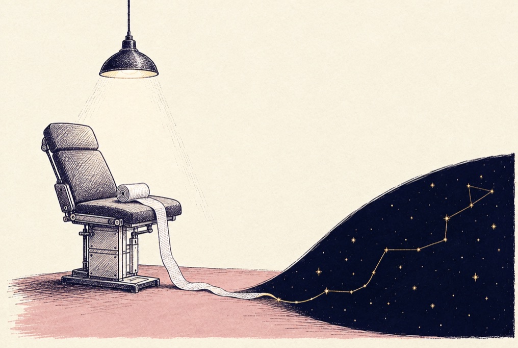 Ink illustration: an empty exam chair under one lamp, a roll of gauze trailing off the seat into the navy dark, where it becomes a gold constellation line