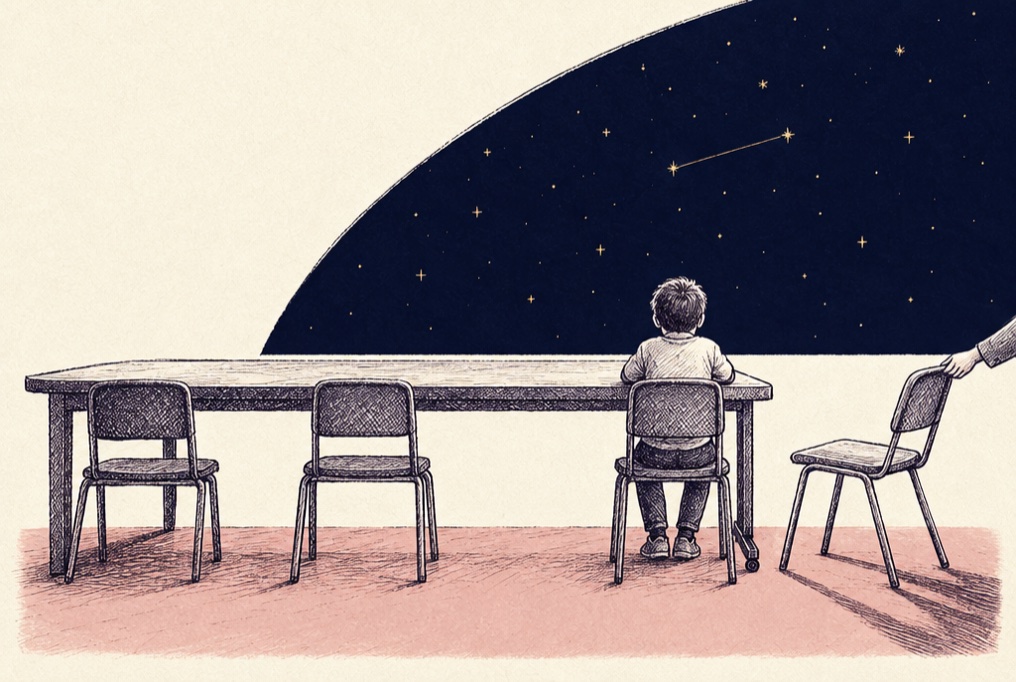 Ink illustration: a long cafeteria table, one small boy alone at the end, seen from behind, and an unseen hand pulling up the chair beside him