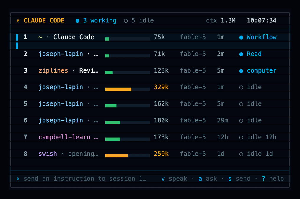 claude-dash: a dark terminal dashboard listing eight Claude Code sessions with colored context gauges — three working, five idle
