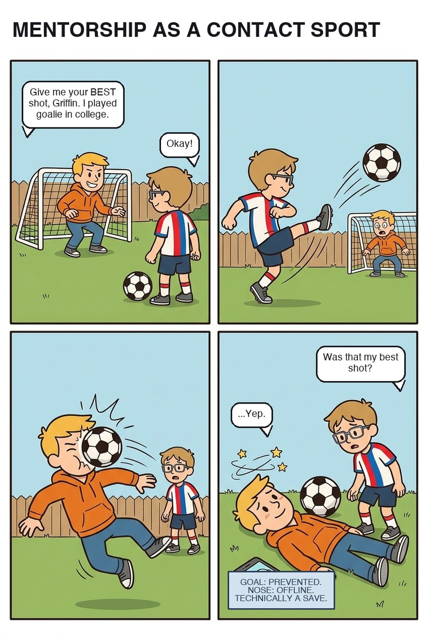 Mostly Working comic — Mentorship as a Contact Sport: an uncle promises his best shot, a kid in a soccer kit fires the ball past him, and the goal is prevented, technically
