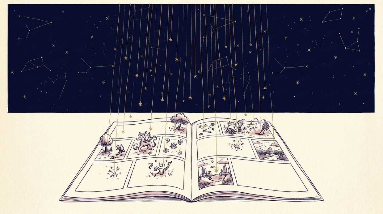 Gold constellation rain falls from a navy sky into an open comic book — pen-and-ink crosshatch