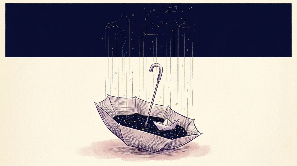 Ink illustration: an umbrella flipped upside-down on the ground, catching gold constellation rain as a small pool of stars with a paper boat floating on it