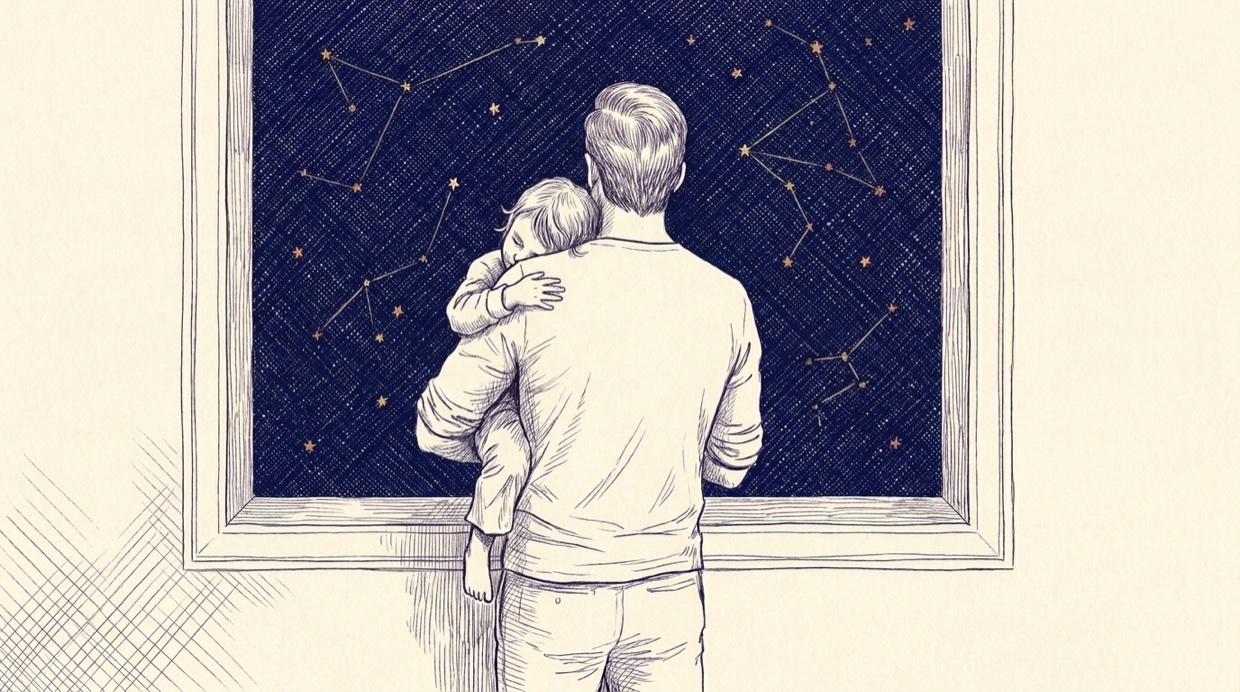 Ink illustration: a father seen from behind holds his small son at a dark window, a navy night sky of gold constellations beyond the glass