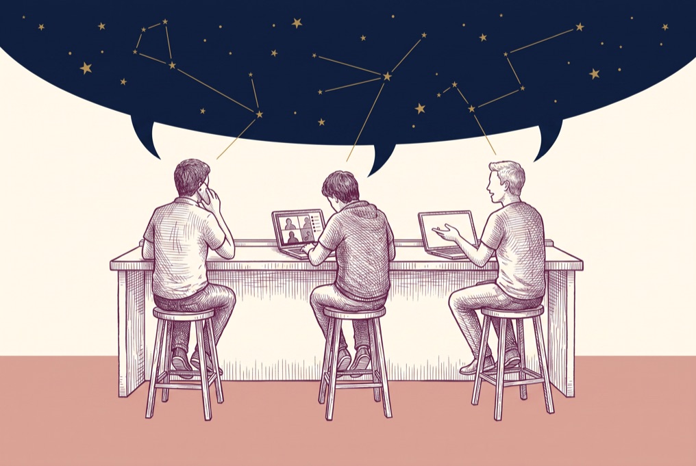 Ink illustration: three people from behind at a café counter — one on a phone call, one on a video call, one talking to a laptop with no one on the screen — their words rising as one shared navy sky of gold constellations