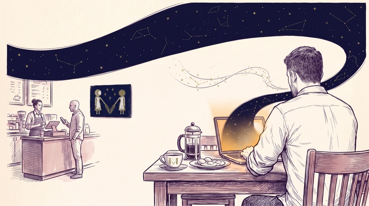 Ink illustration: a man seen from behind at a café table — French press, eggs, open laptop — his spoken words arcing as gold constellation stars across a navy band into the glowing screen