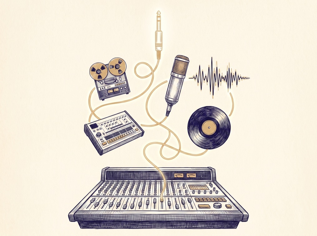 Ink drawing: a studio mixing console on cream paper, one continuous gold line rising from its faders through a floating constellation of tools — reel-to-reel tape, drum machine, microphone, waveform, vinyl record — up to a glowing guitar plug