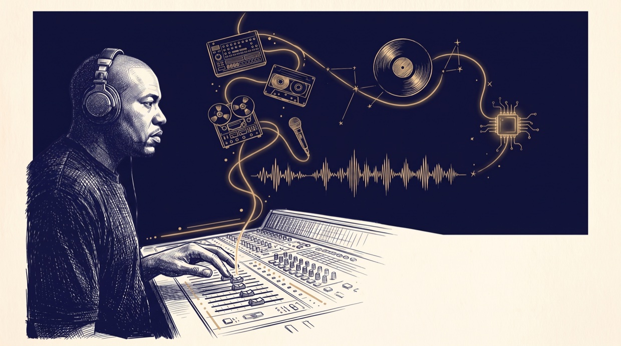 Ink crosshatch illustration: a veteran producer in side profile at a studio mixing console, headphones on, a gold line rising from the faders into a navy constellation of studio tools — drum machine, tape, microphone, vinyl, waveform, and a glowing circuit chip