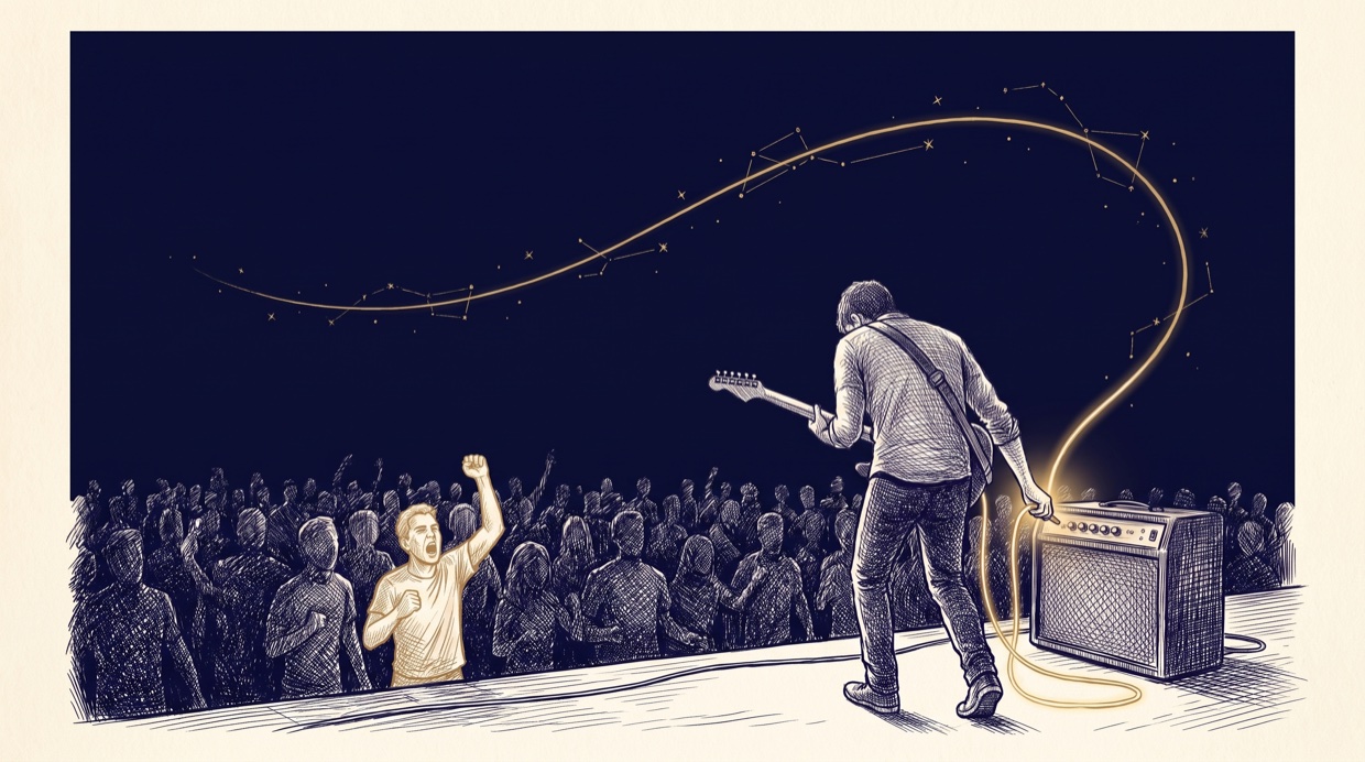 Ink illustration: a guitarist seen from behind at the lip of a stage plugs a glowing gold cable into an amplifier; the cable arcs across the navy night above the crowd as a gold constellation, while one lone figure in the crosshatched audience stands mid-shout