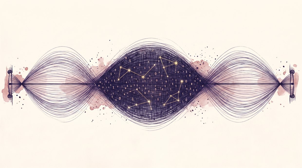 Ink illustration: a single string stretched between two pegs, vibrating in a standing wave; its blurred belly fills with navy crosshatch, binary digits, and gold constellations, the loop inside the note